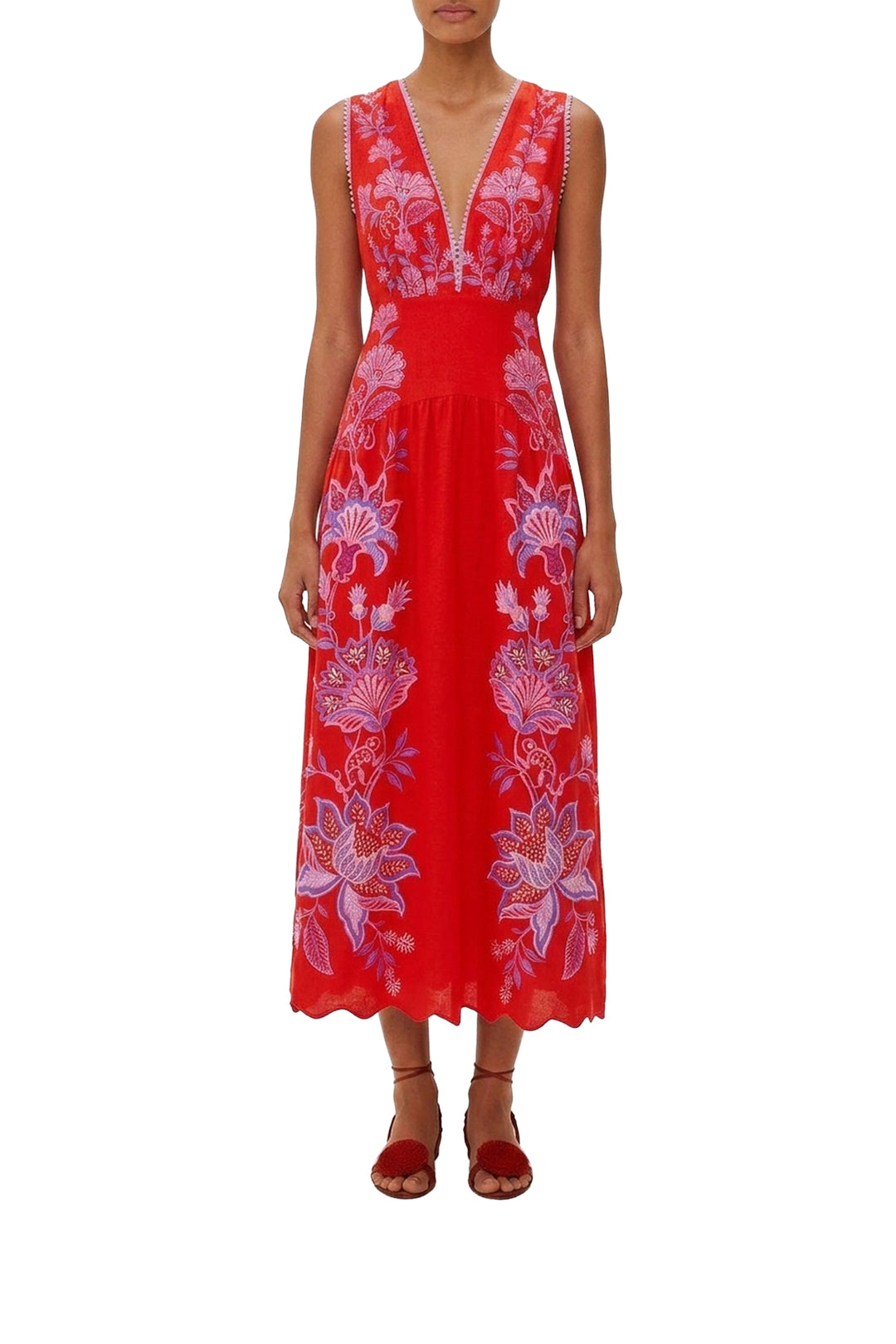 Porcelain Garden linen midi dress - Red