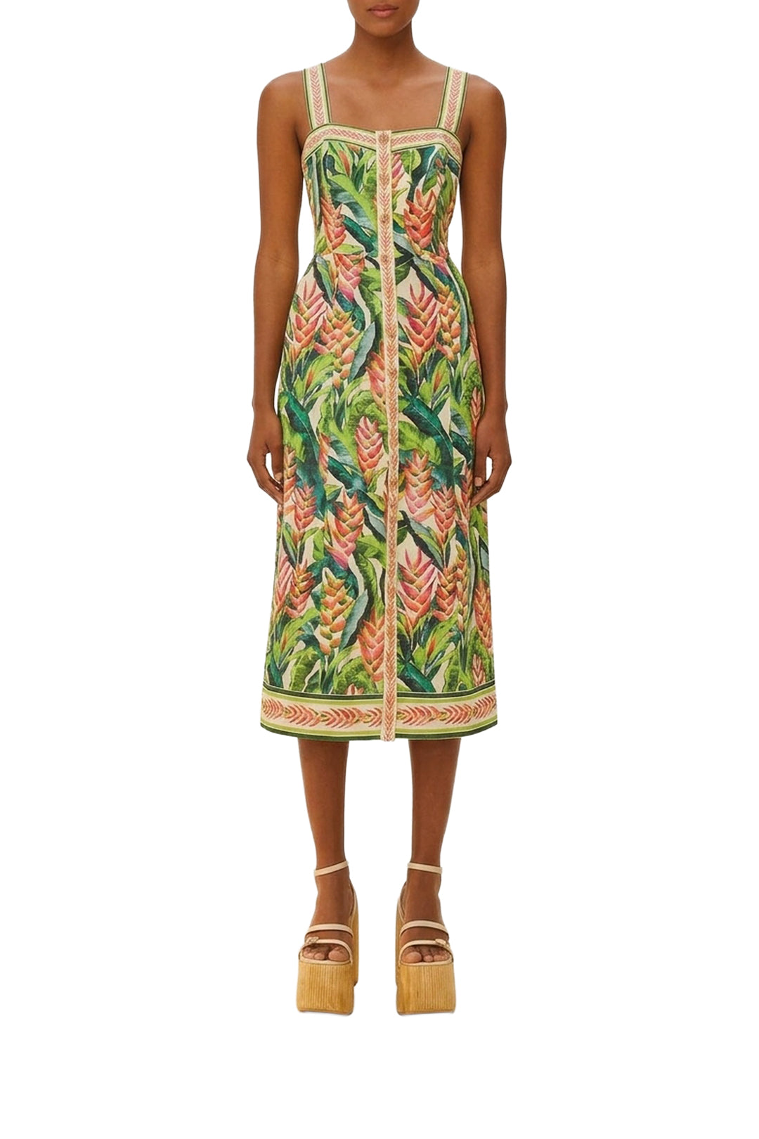 Heli Leaves Pearl midi dress in linen - Green