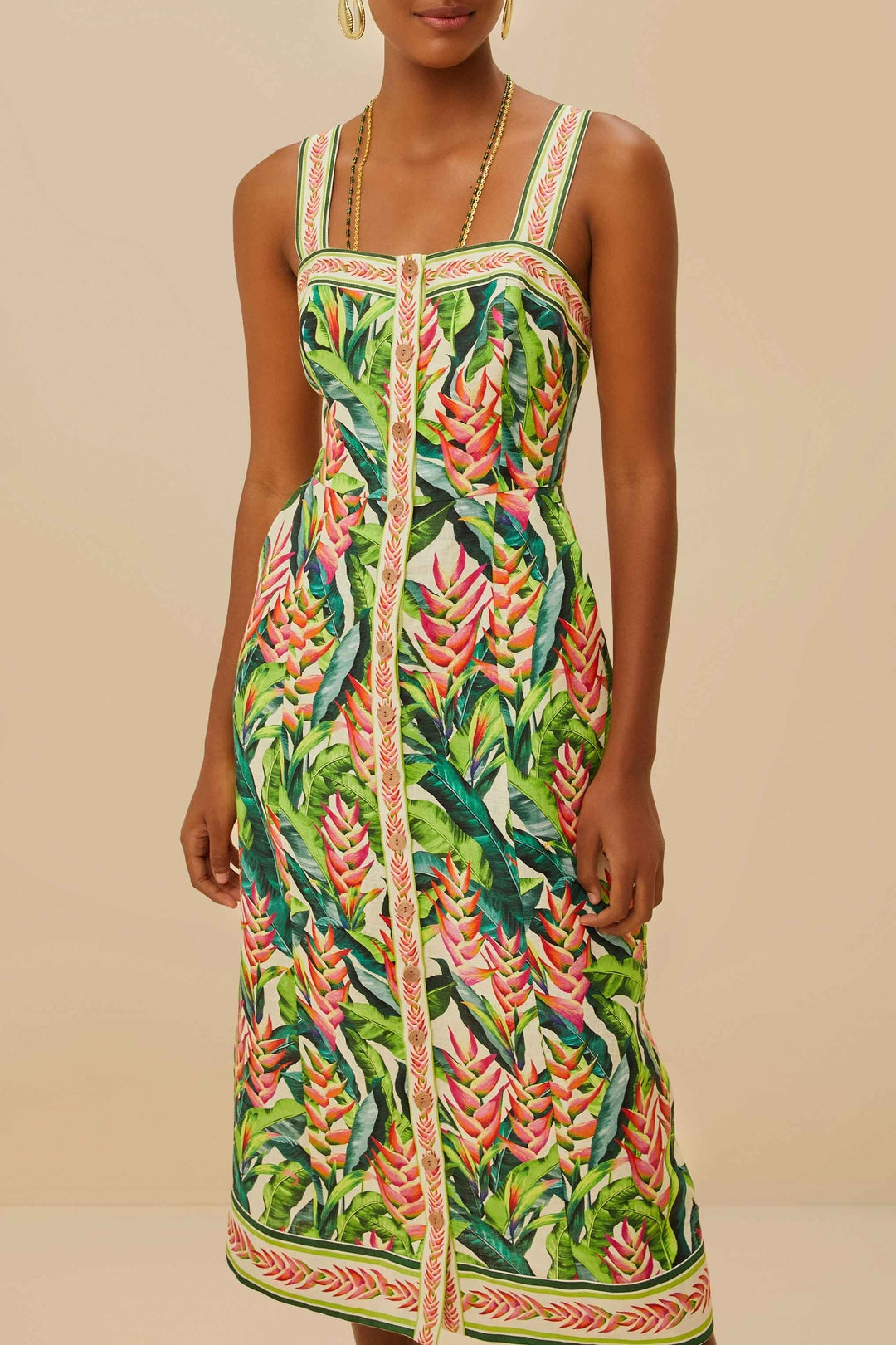 Heli Leaves Pearl midi dress in linen - Green
