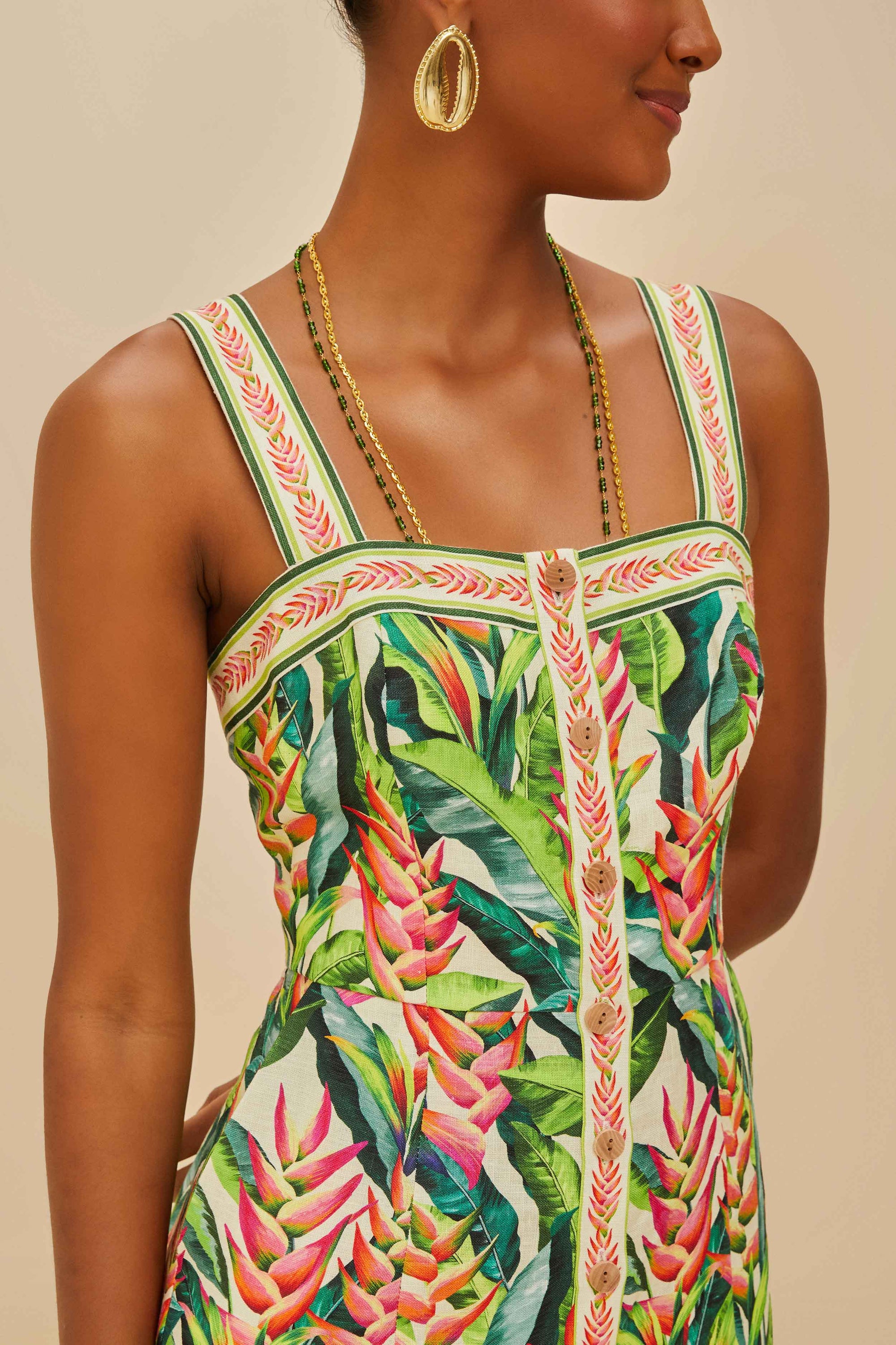Heli Leaves Pearl midi dress in linen - Green