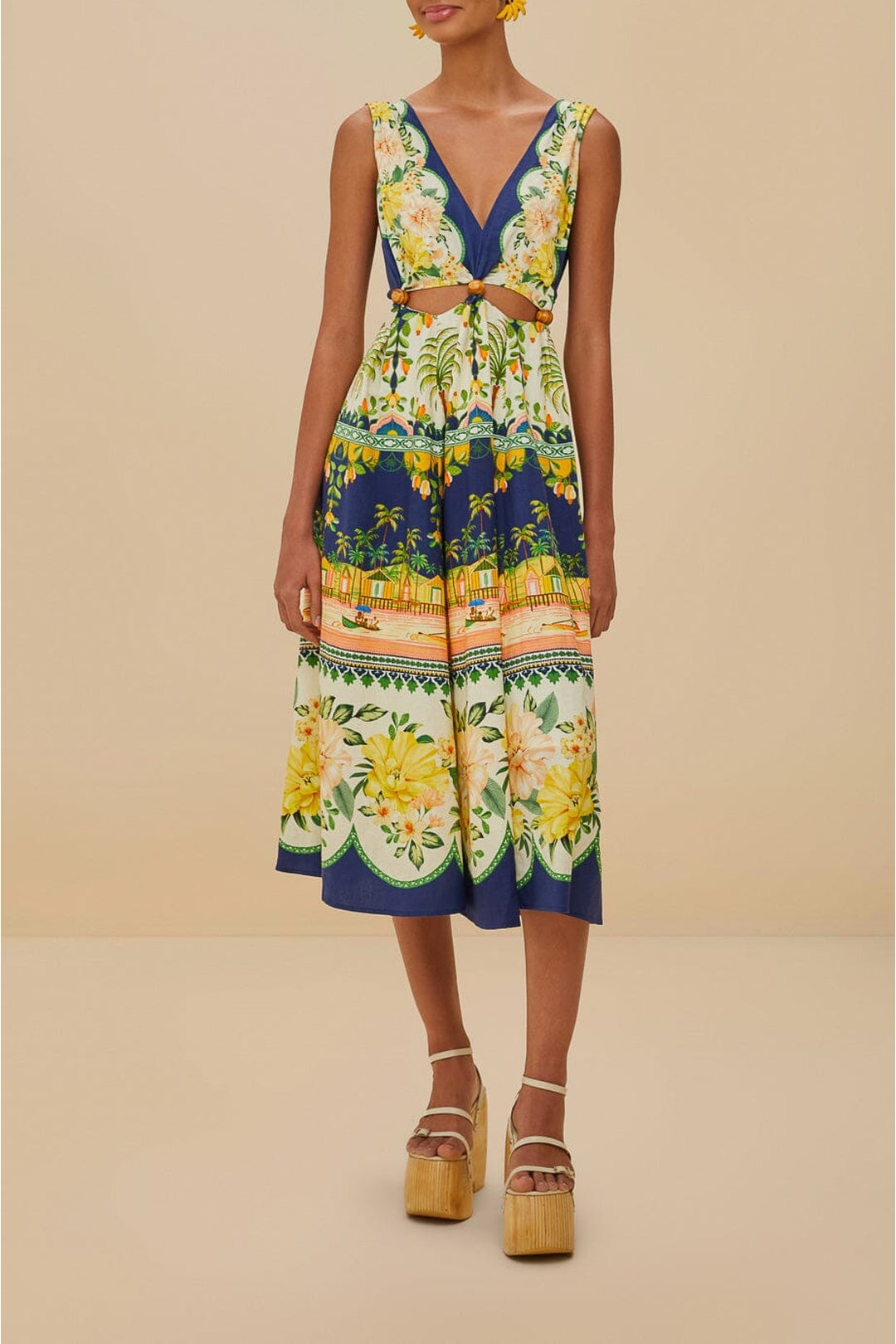 Amazon Garden Cream midi dress in linen - Green