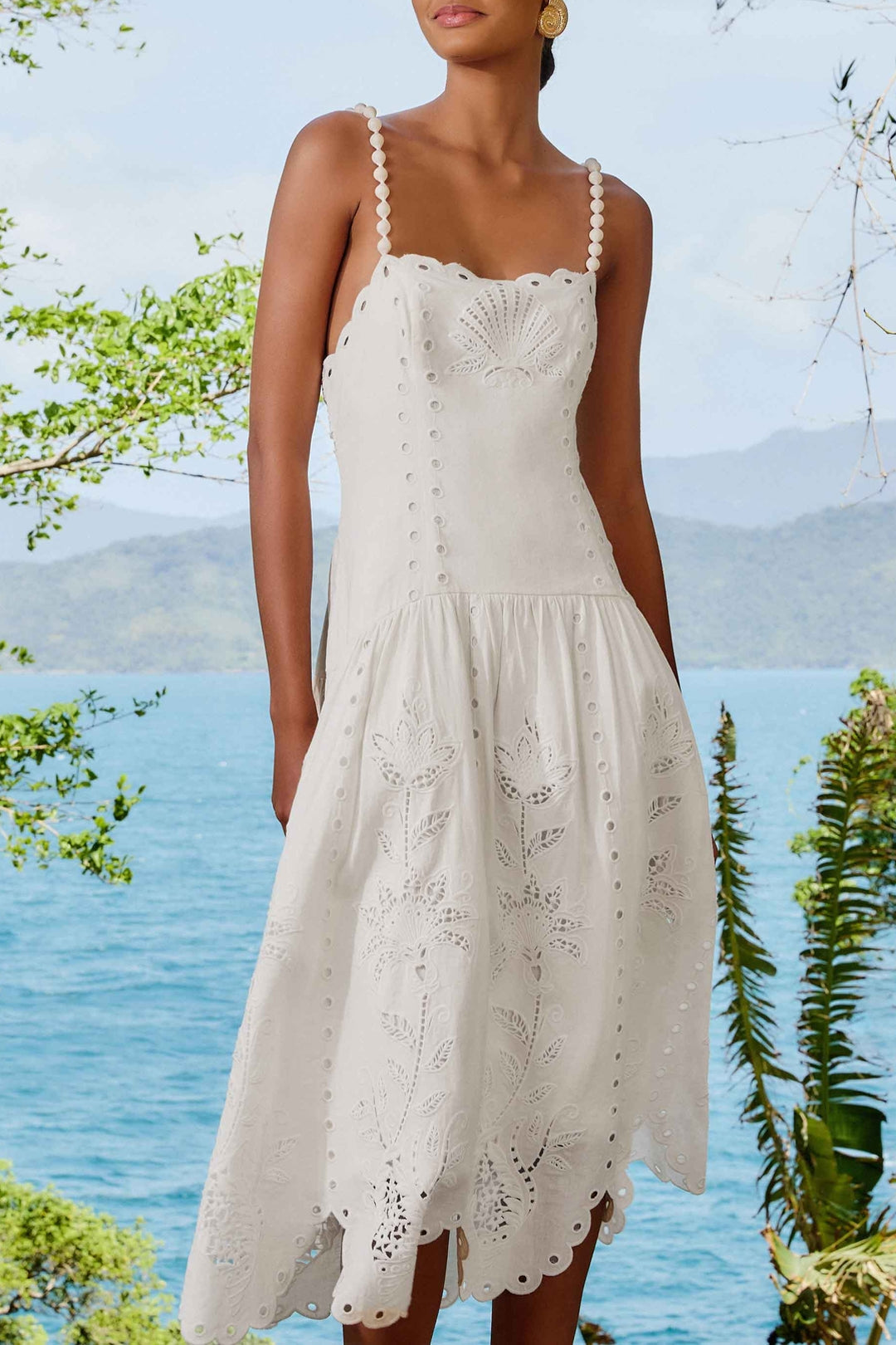 Richilieu midi dress in linen - White
