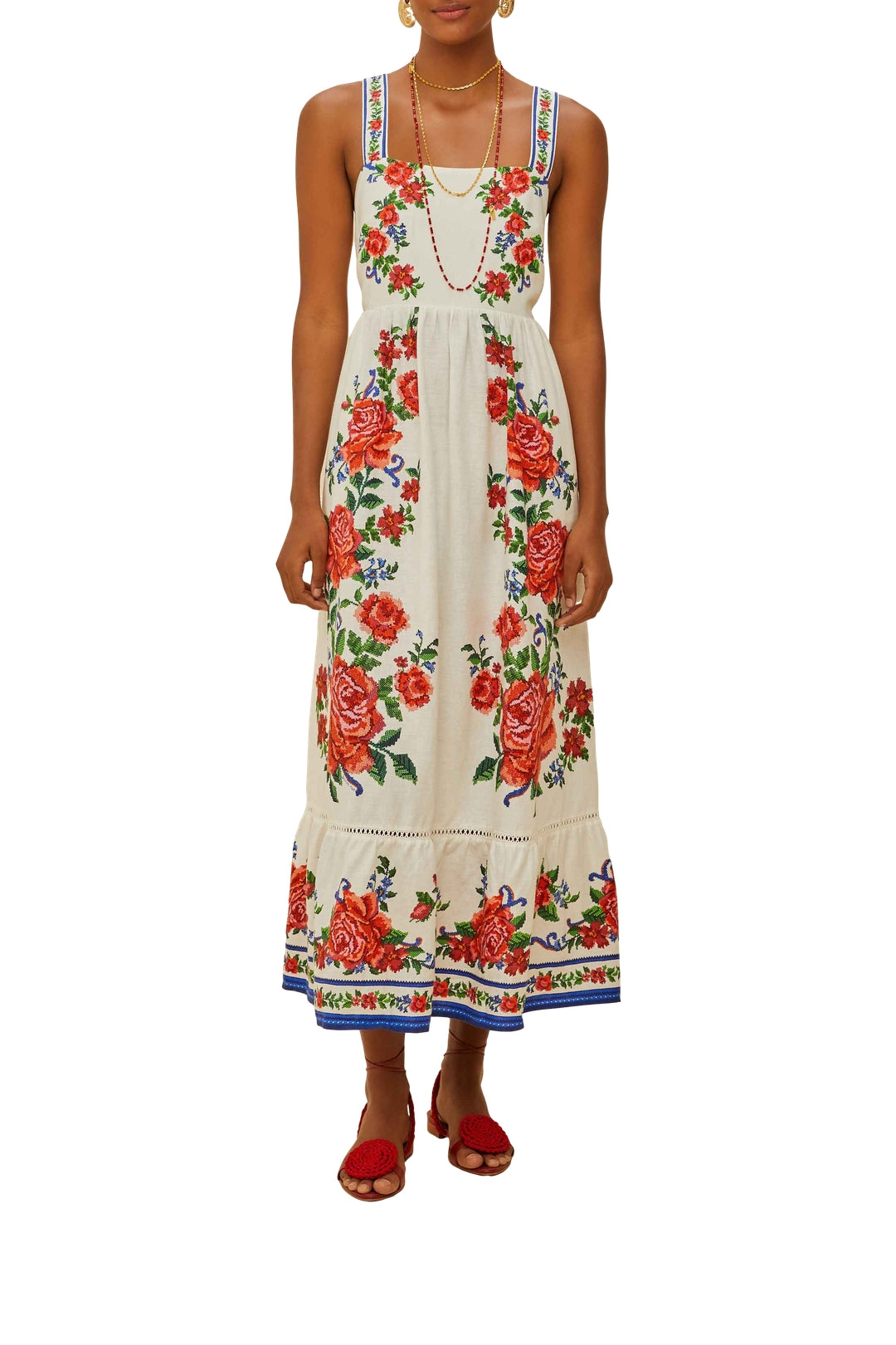Robe longue Flower Tapestry en lin - Bleu
