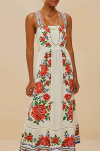 Robe longue Flower Tapestry en lin - Bleu