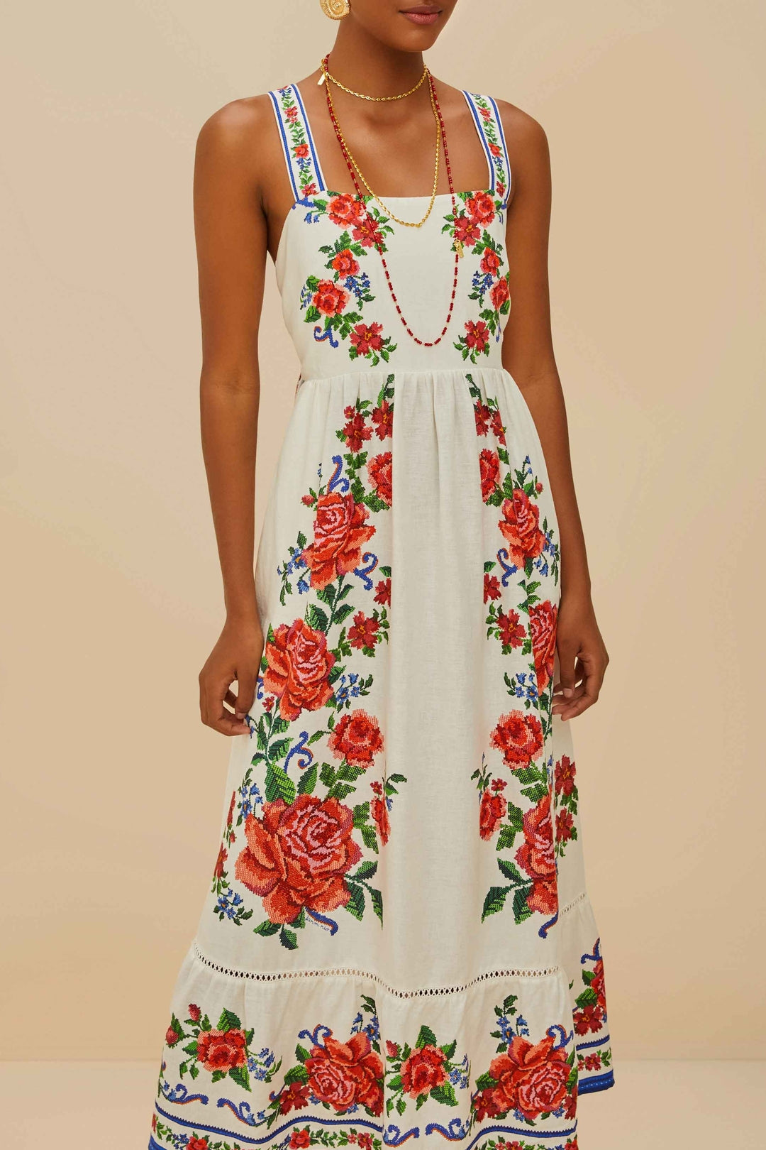 Robe longue Flower Tapestry en lin - Bleu