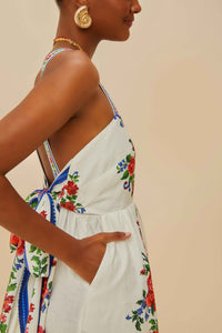 Robe longue Flower Tapestry en lin - Bleu