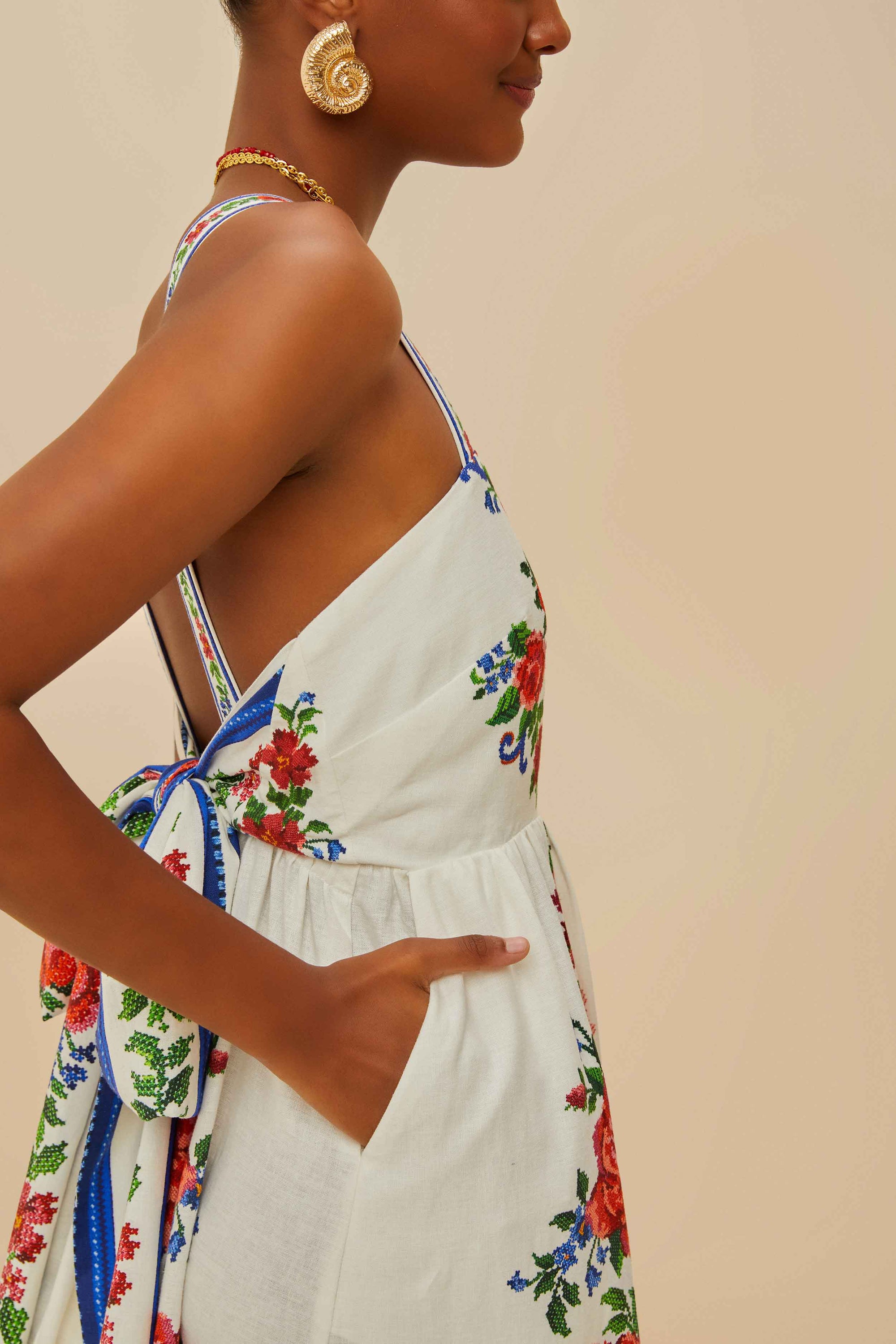 Robe longue Flower Tapestry en lin - Bleu
