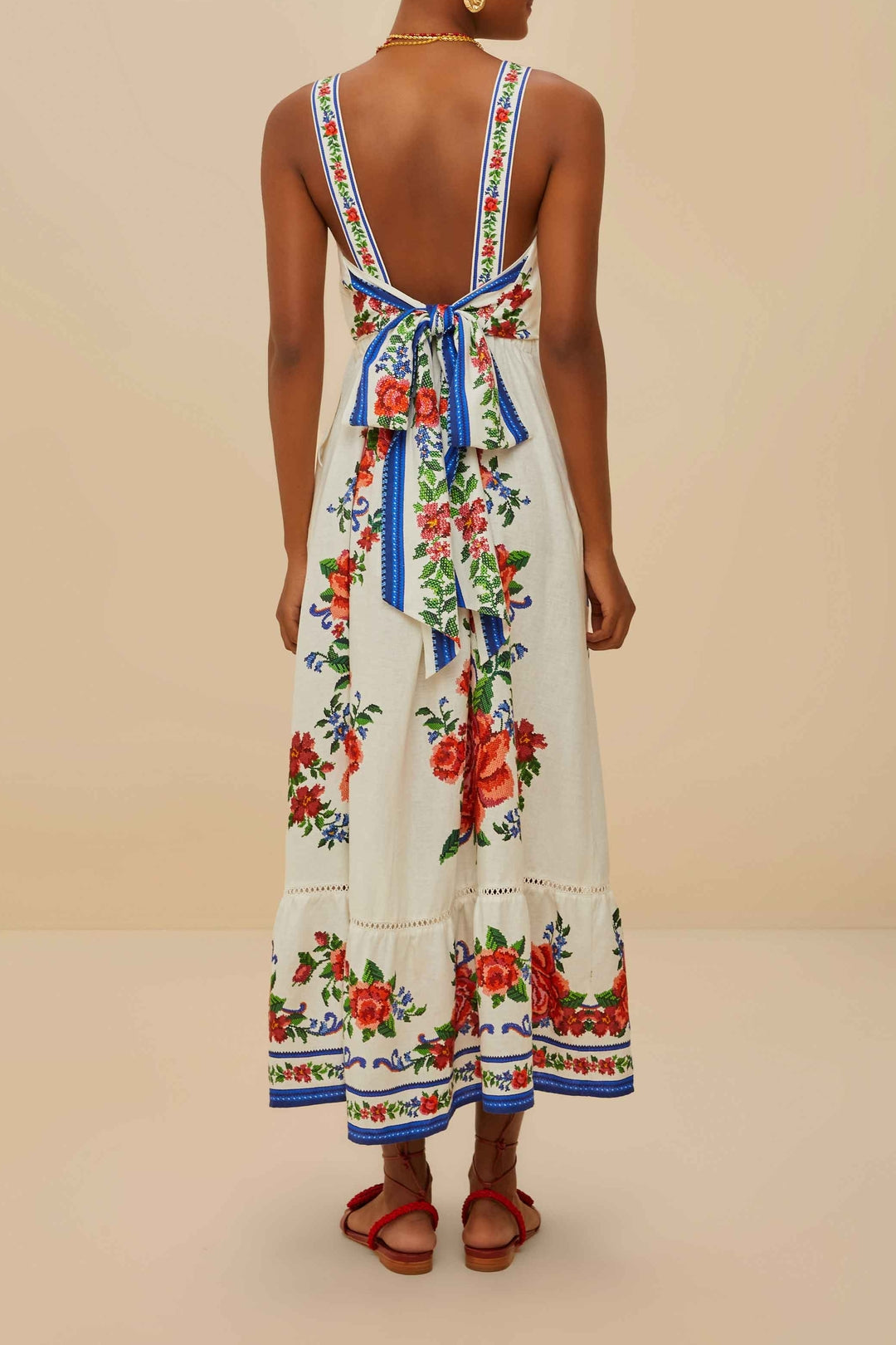 Robe longue Flower Tapestry en lin - Bleu