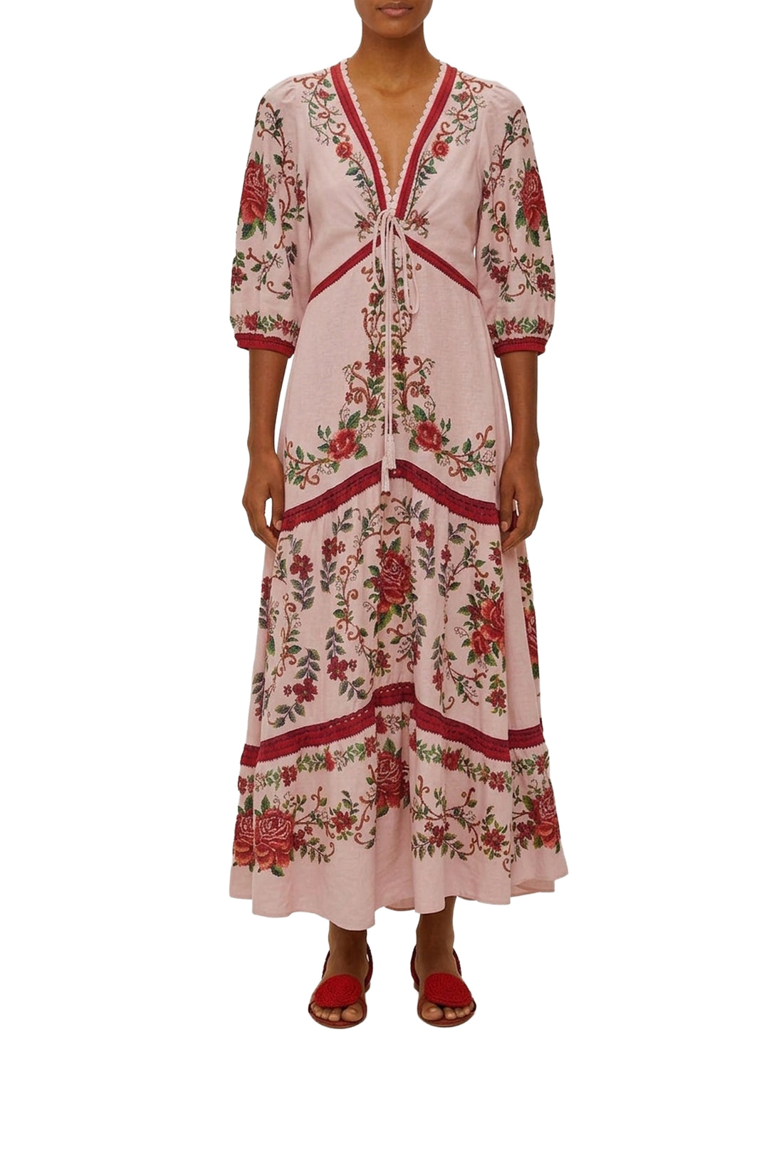 Robe longue Flower Tapestry en lin - Rose
