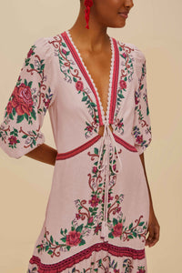 Robe longue Flower Tapestry en lin - Rose