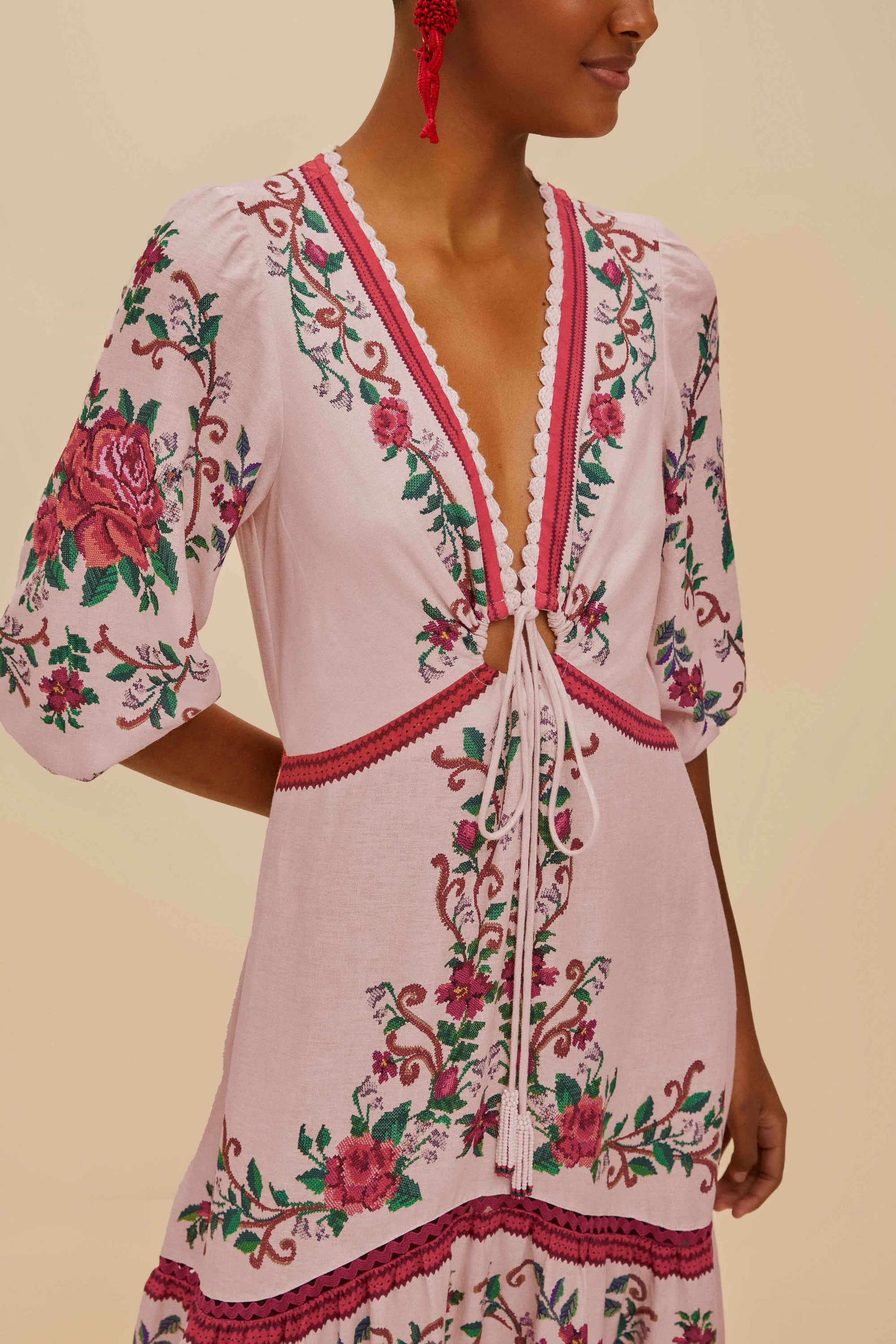 Robe longue Flower Tapestry en lin - Rose