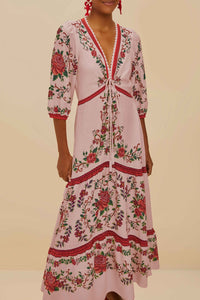 Robe longue Flower Tapestry en lin - Rose