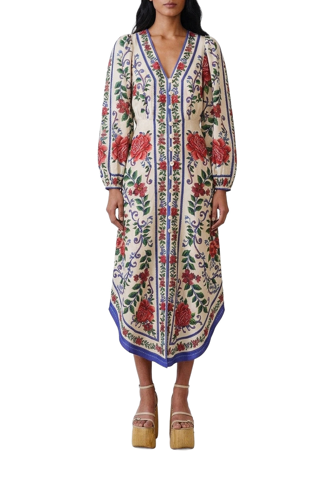 Robe midi Flower Tapestry en lin - Bleu