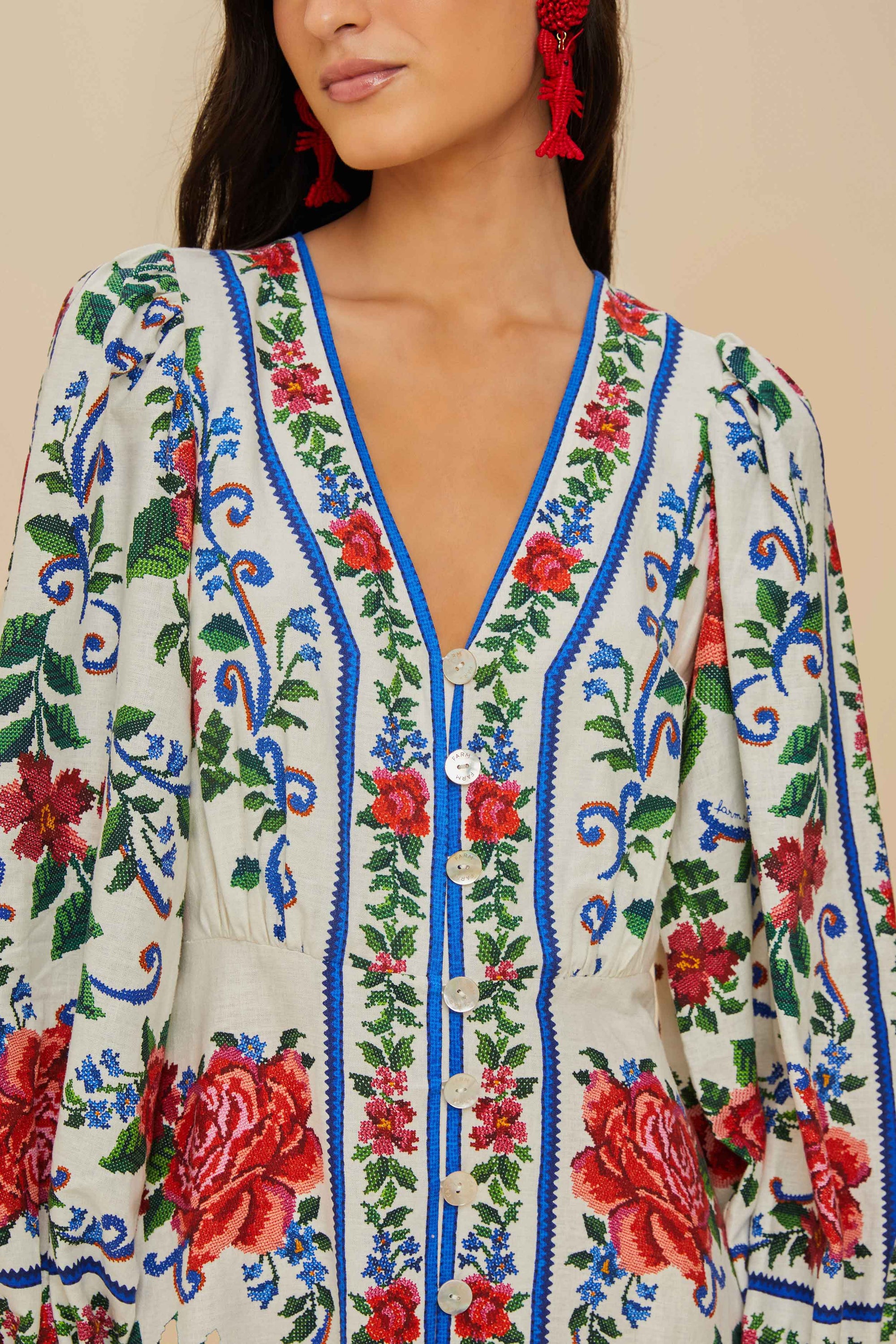 Robe midi Flower Tapestry en lin - Bleu
