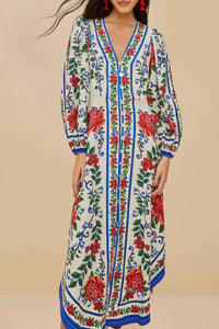 Robe midi Flower Tapestry en lin - Bleu