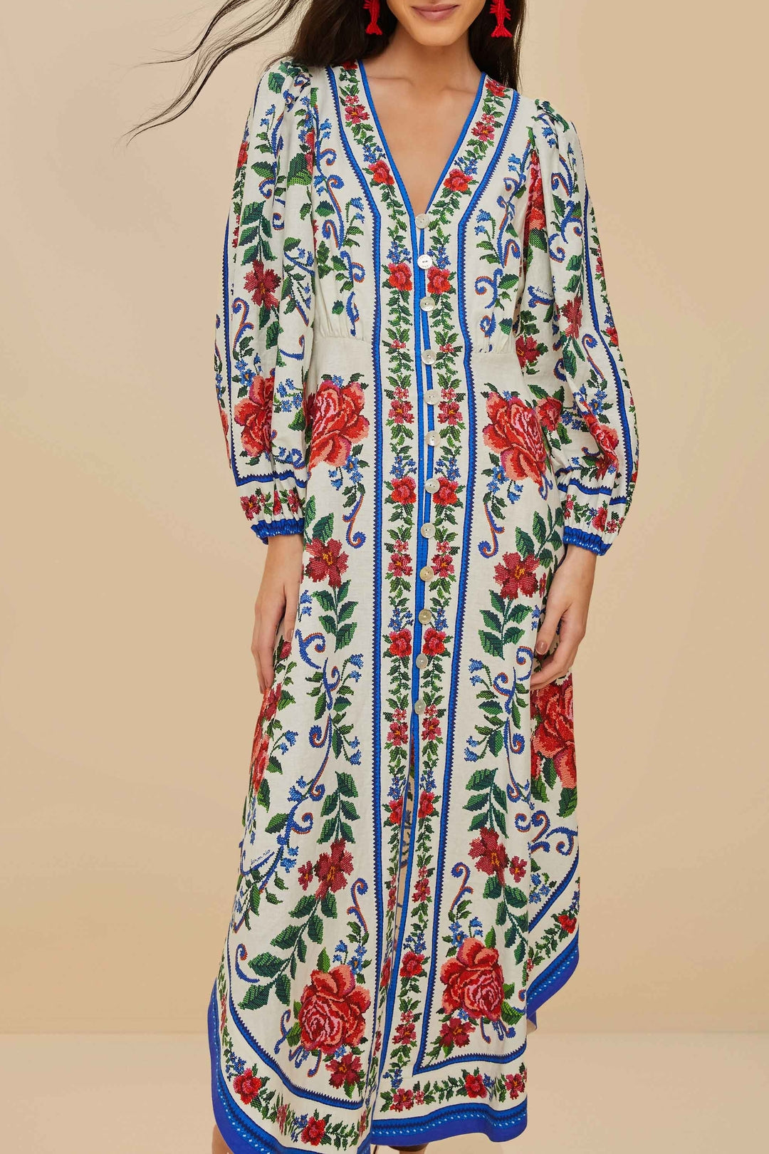Robe midi Flower Tapestry en lin - Bleu