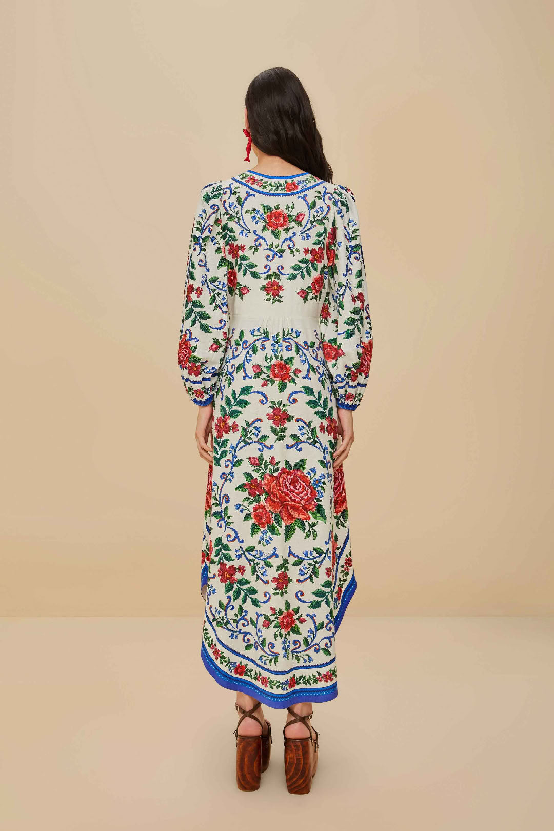 Flower Tapestry linen midi dress - Blue