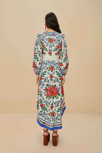 Robe midi Flower Tapestry en lin - Bleu