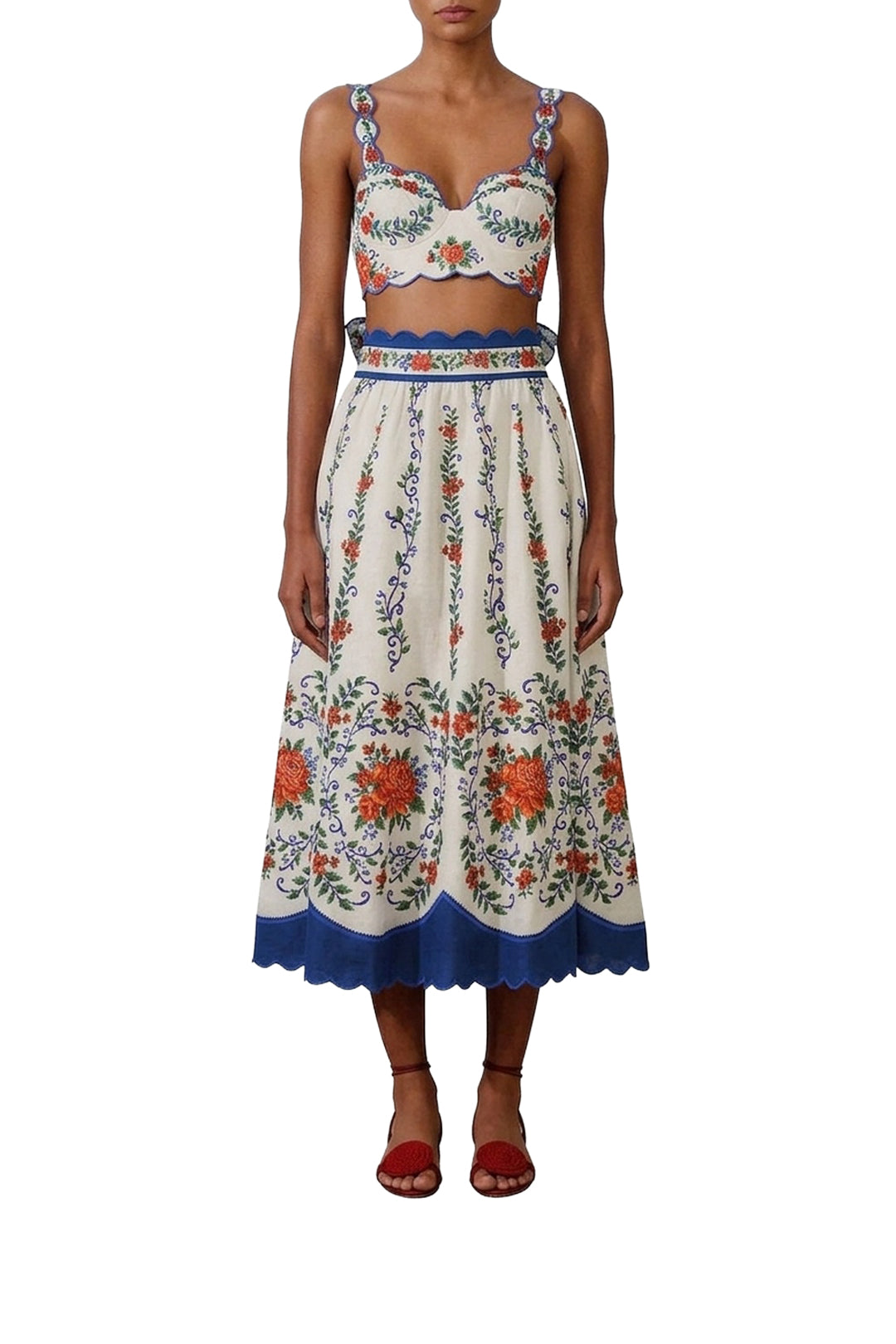 Jupe midi Flower Tapestry en lin - Bleu