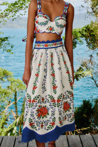 Jupe midi Flower Tapestry en lin - Bleu