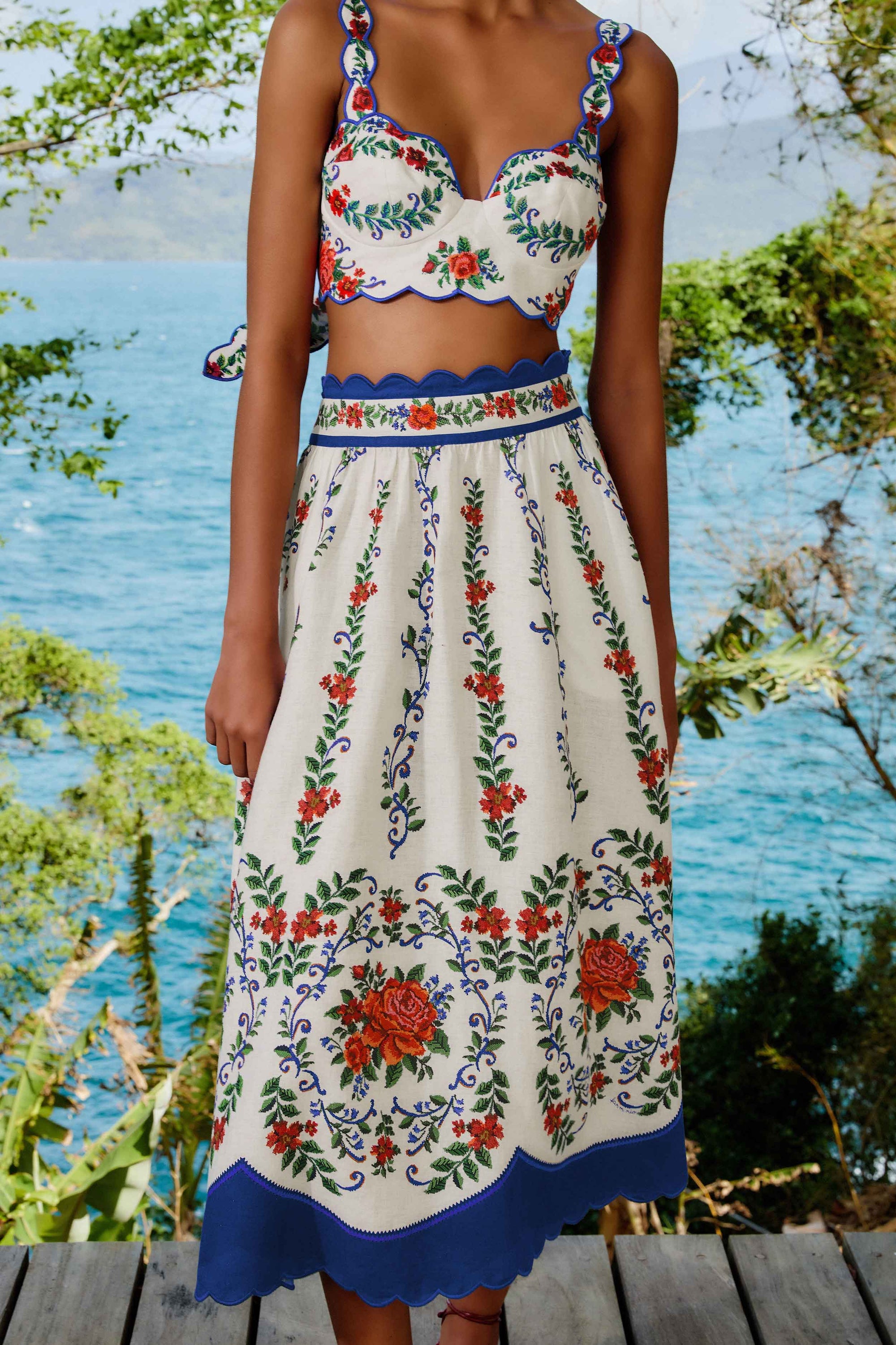 Jupe midi Flower Tapestry en lin - Bleu