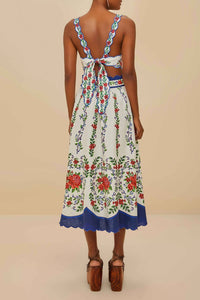 Jupe midi Flower Tapestry en lin - Bleu