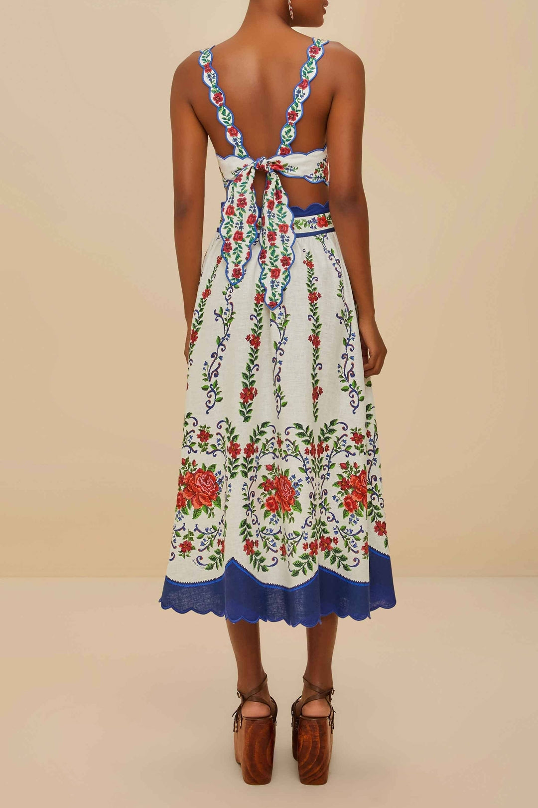 Jupe midi Flower Tapestry en lin - Bleu