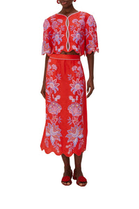 Jupe midi Porcelain Garden en lin - Rouge