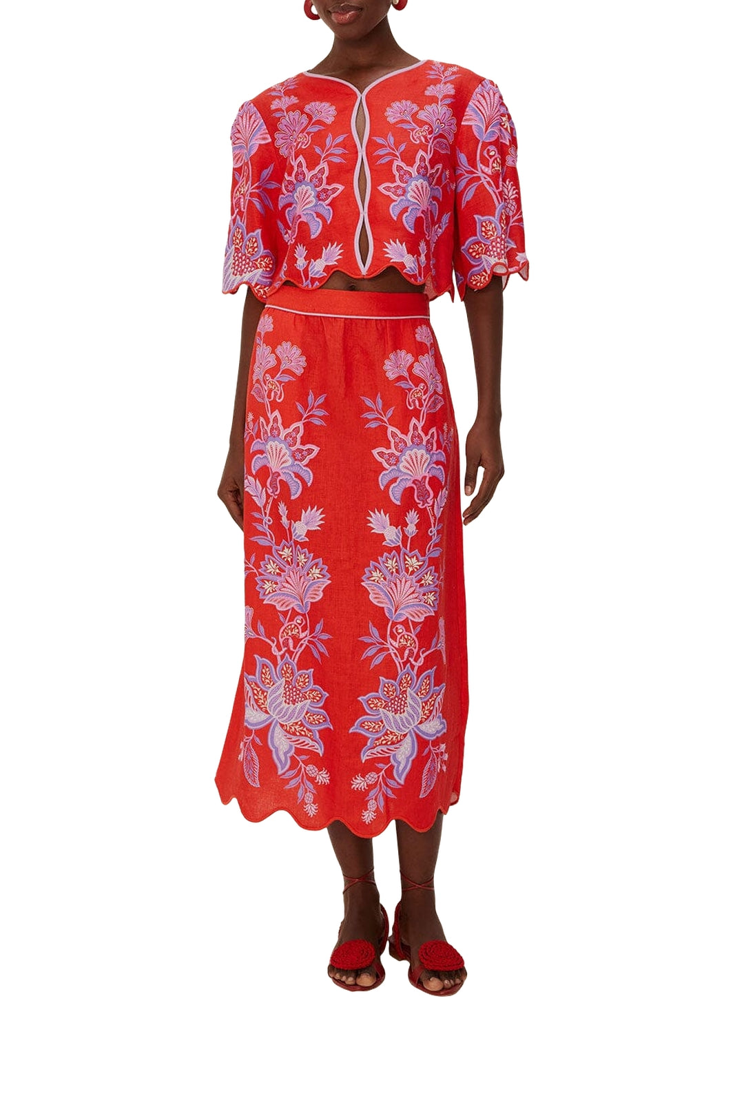 Jupe midi Porcelain Garden en lin - Rouge
