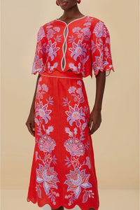 Jupe midi Porcelain Garden en lin - Rouge