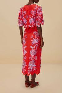 Jupe midi Porcelain Garden en lin - Rouge