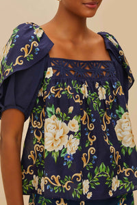 Blouse Flowered Yoke - Bleu