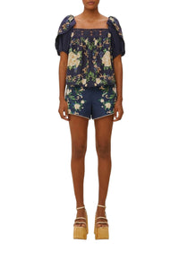 Blouse Flowered Yoke - Bleu