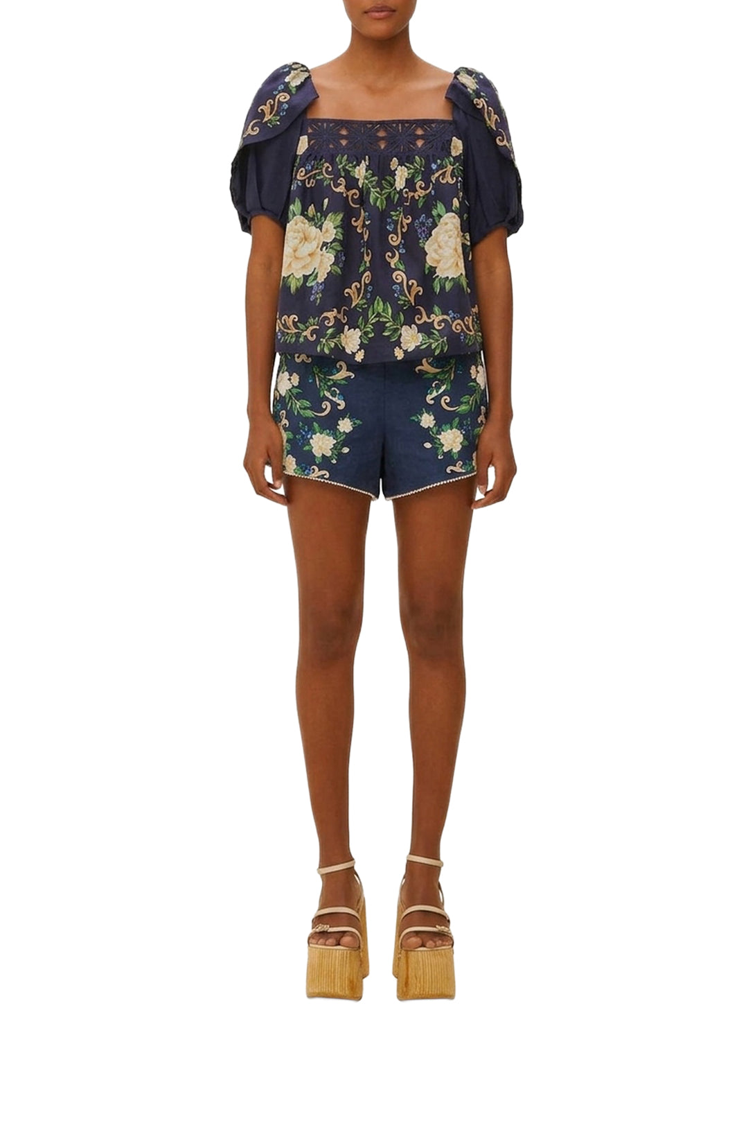 Blouse Flowered Yoke - Bleu