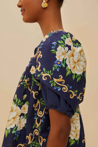 Blouse Flowered Yoke - Bleu