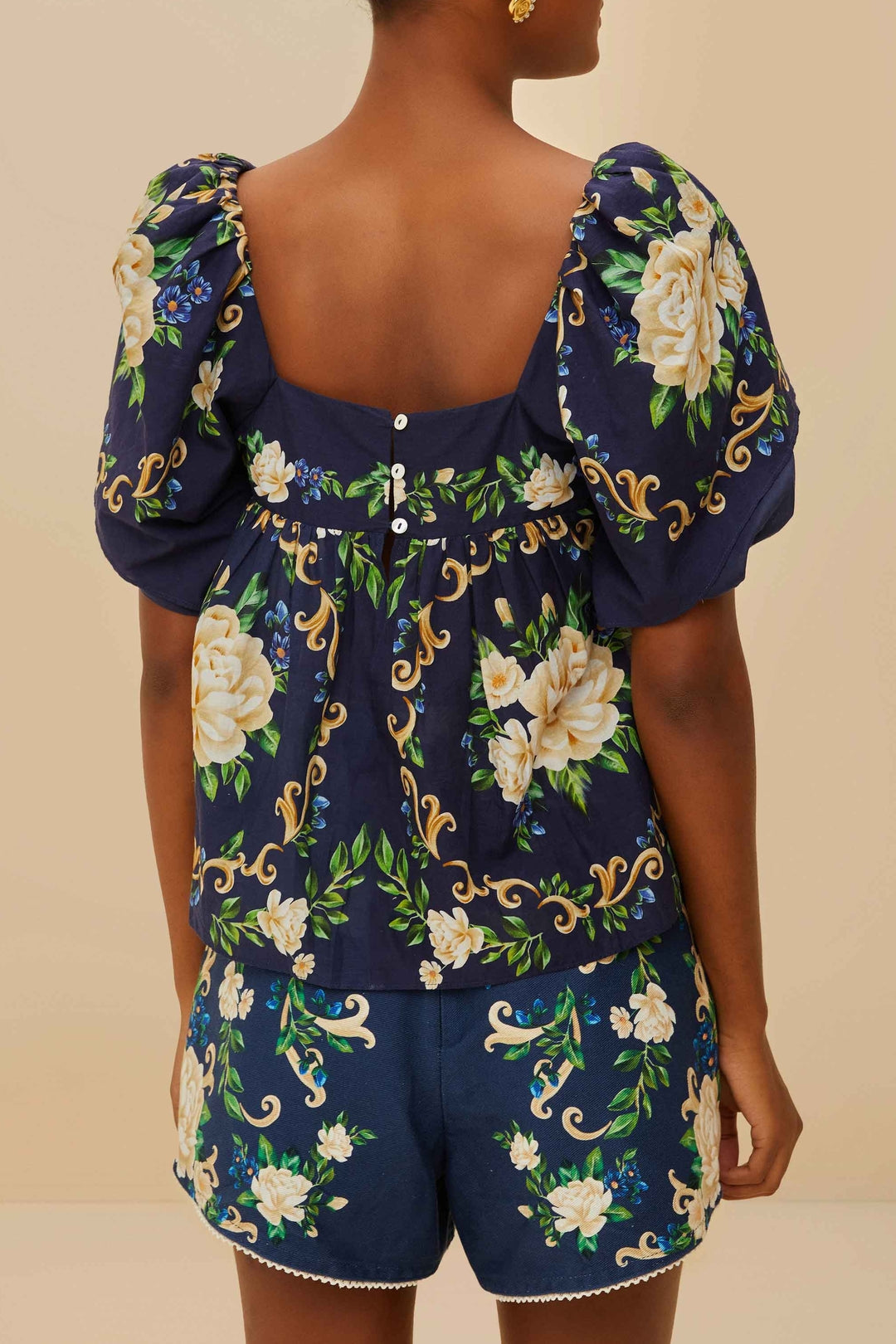 Blouse Flowered Yoke - Bleu
