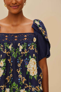 Blouse Flowered Yoke - Bleu