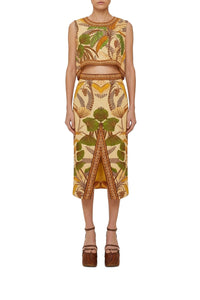 Jupe midi Foliage Sketch Sand en lin - Beige