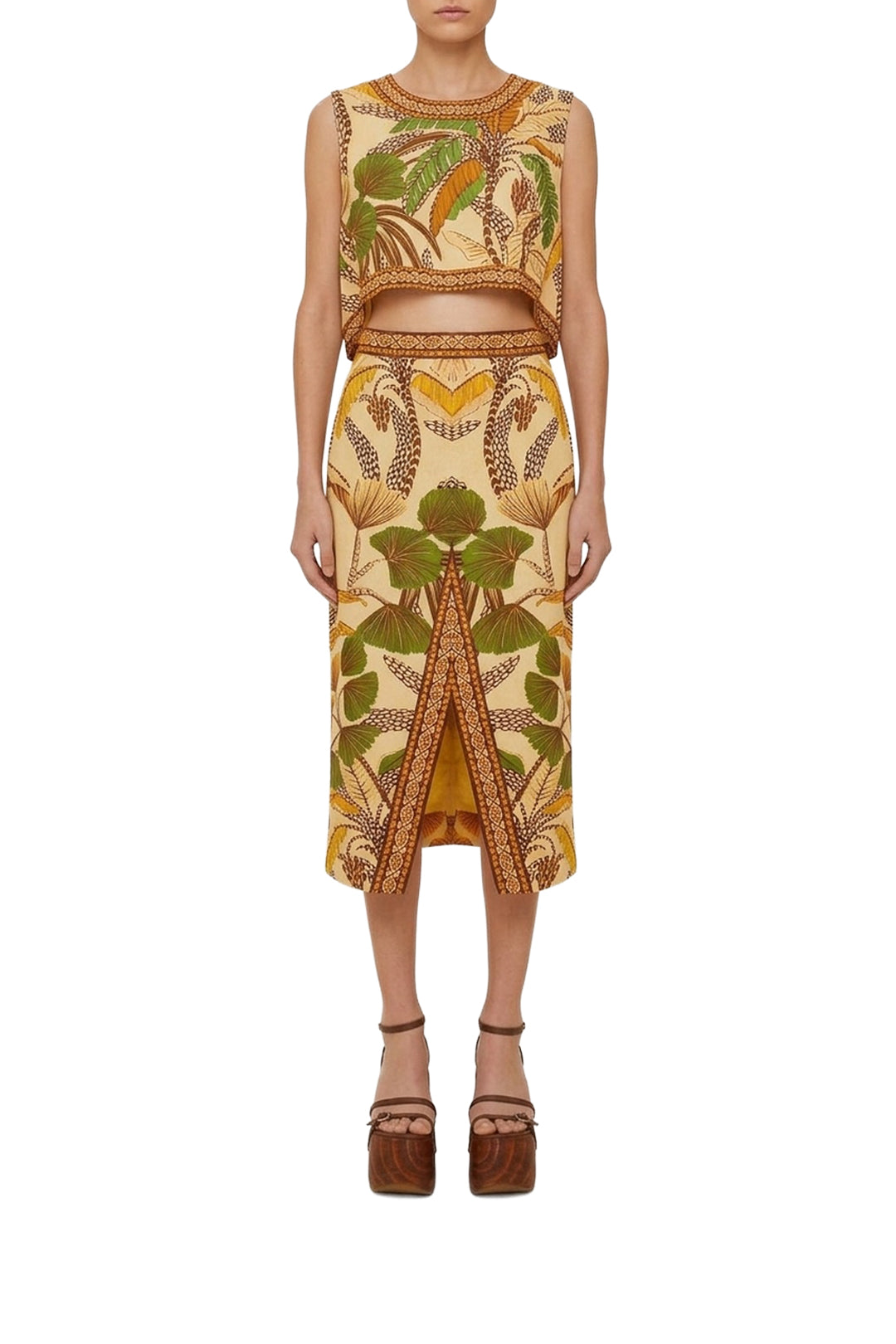 Jupe midi Foliage Sketch Sand en lin - Beige