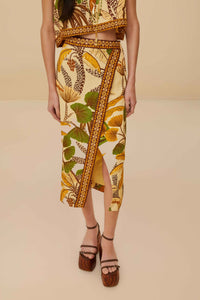 Jupe midi Foliage Sketch Sand en lin - Beige