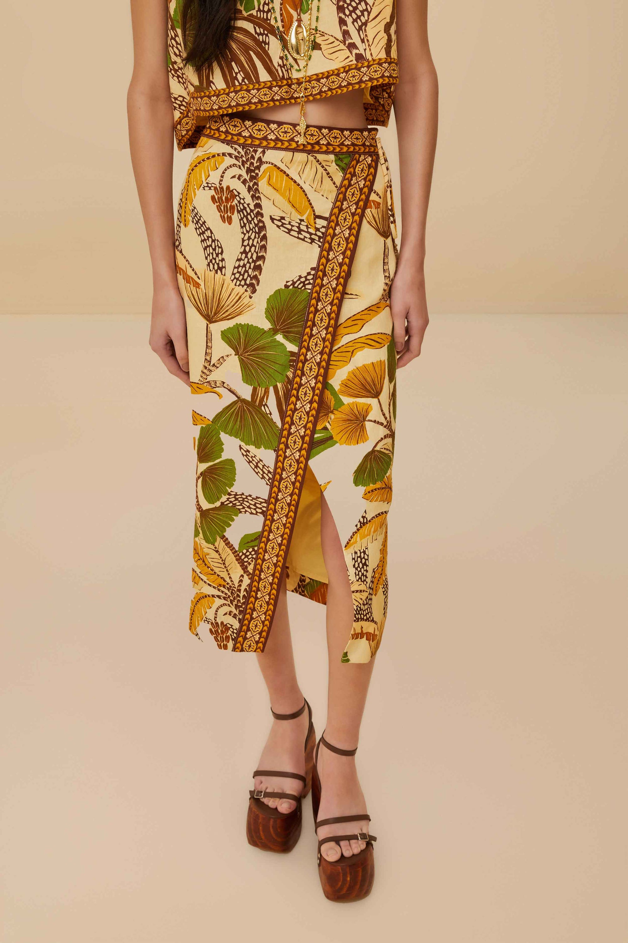 Jupe midi Foliage Sketch Sand en lin - Beige