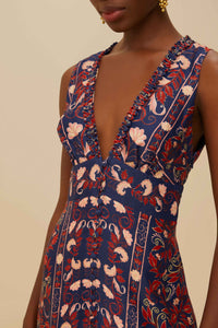 Robe midi Boho Floral en foulard - Bleu