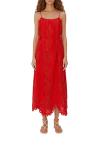 Flowers Richelieu long dress with linen straps - Red