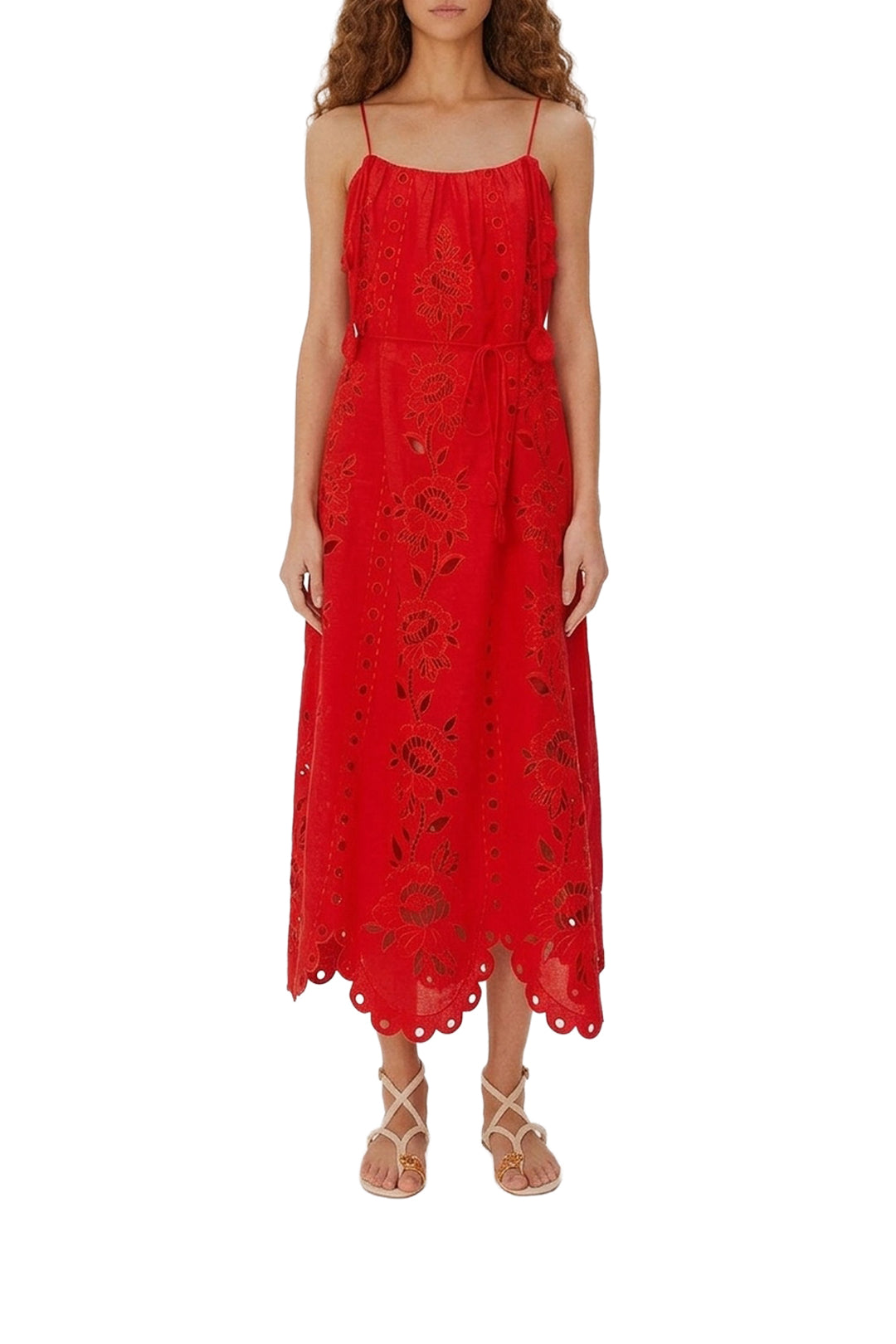 Flowers Richelieu long dress with linen straps - Red