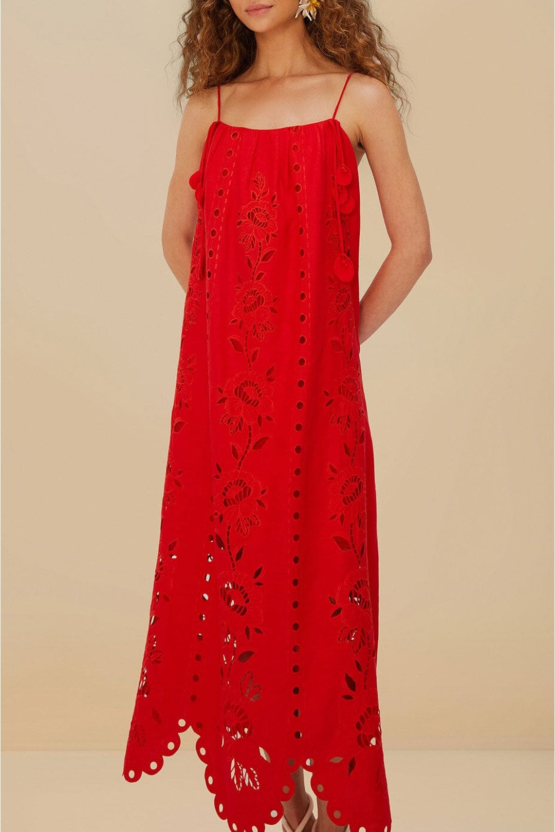 Flowers Richelieu long dress with linen straps - Red