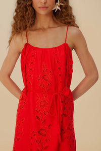 Flowers Richelieu long dress with linen straps - Red