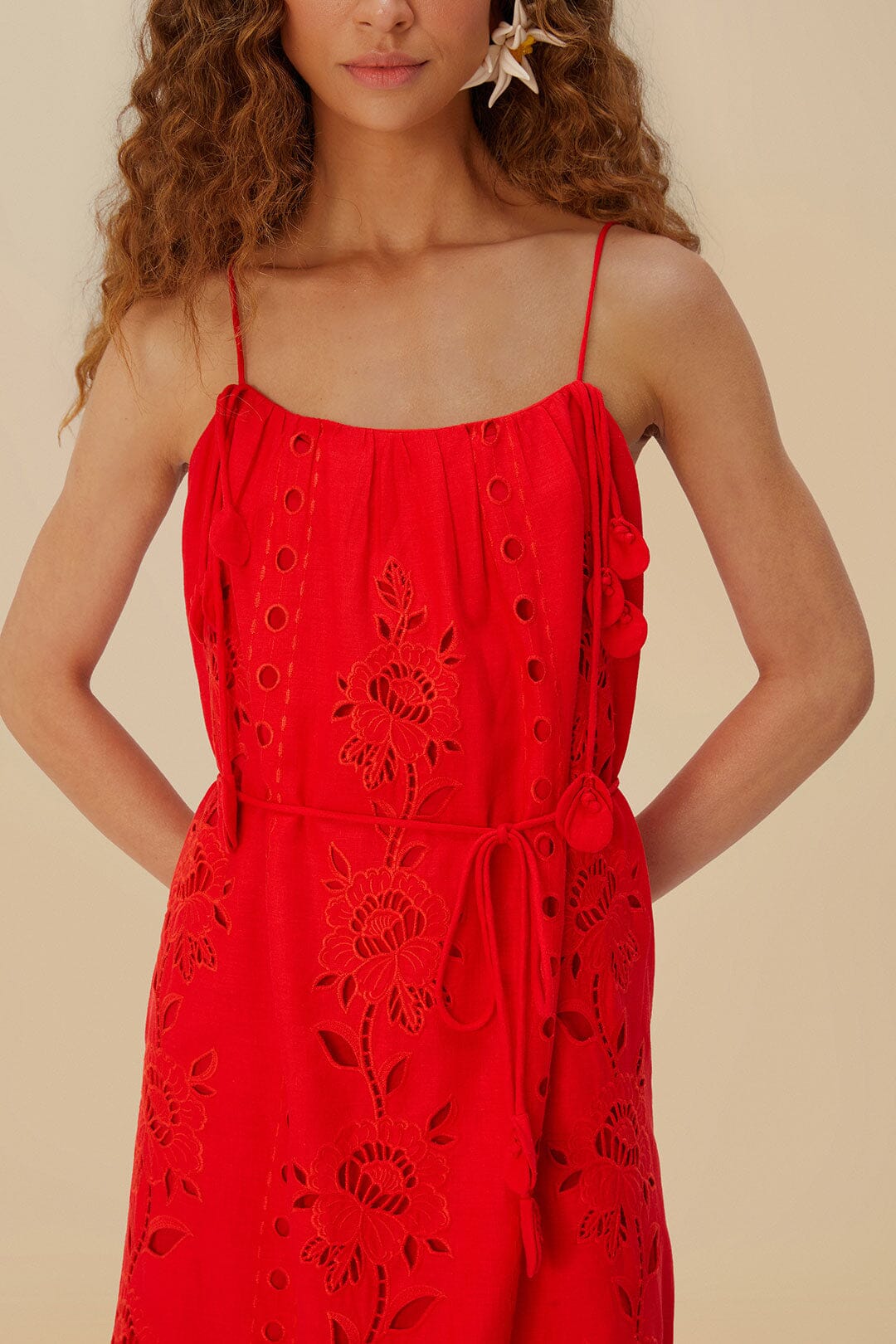 Flowers Richelieu long dress with linen straps - Red