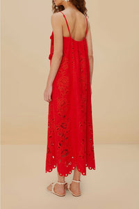 Flowers Richelieu long dress with linen straps - Red