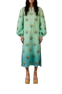 Robe midi brodée Palm Tree Tapestry en lin - Bleu