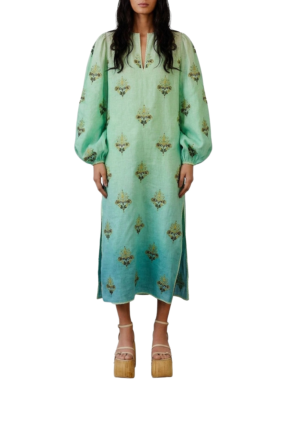 Robe midi brodée Palm Tree Tapestry en lin - Bleu